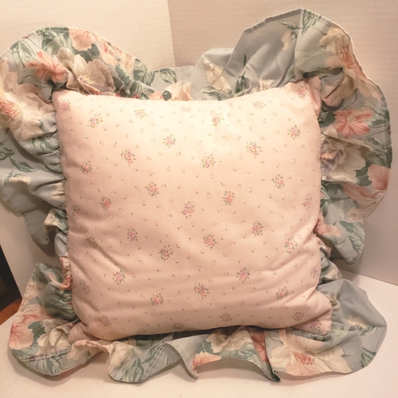 HAND CRAFTED Shabby Chic Floral Ruffled Pillow in Pastel Pinks and Blues - Picture 2 of 6